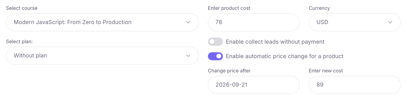 Setting the price and currency of a course product in Softbook