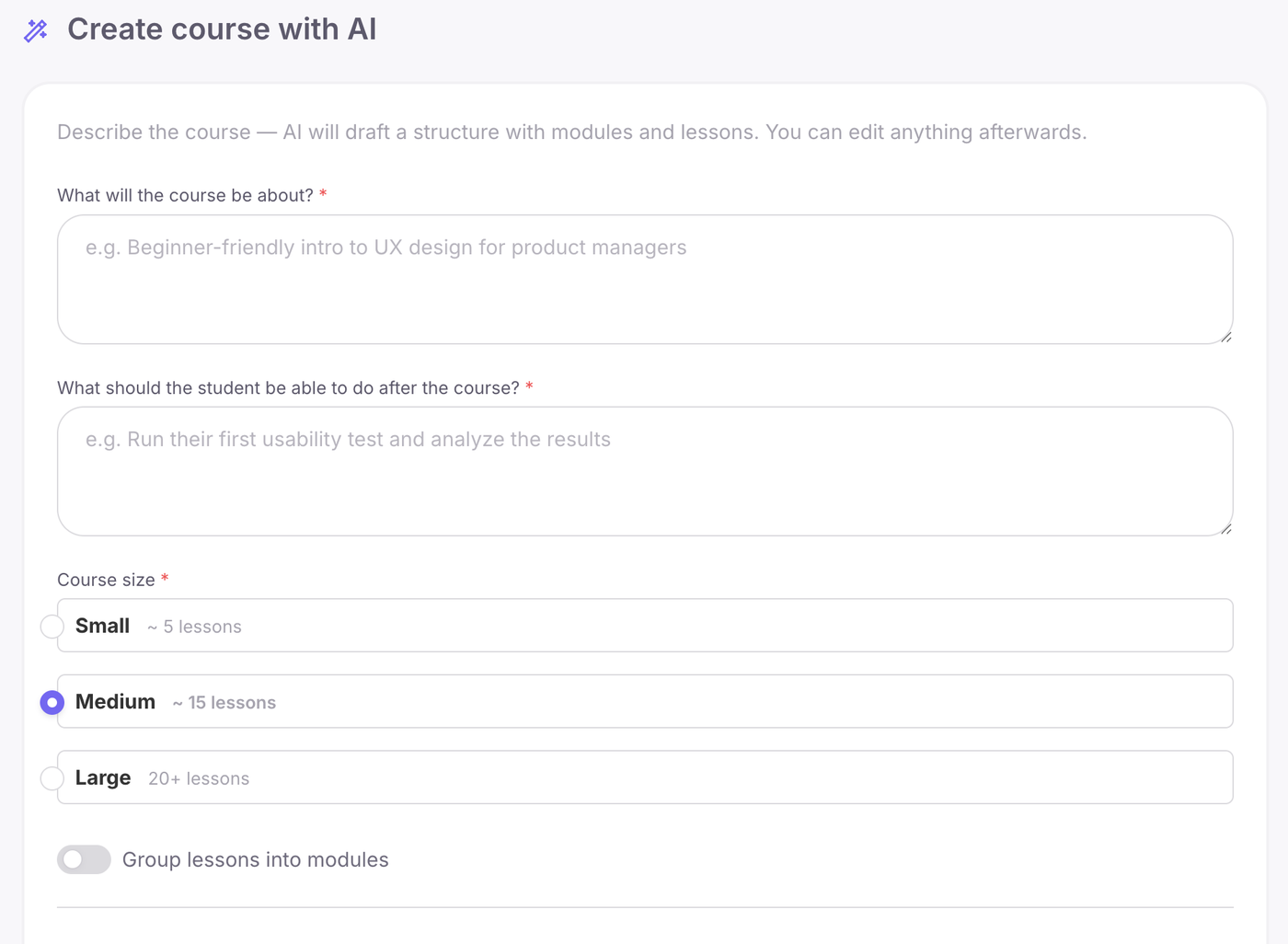 AI course generation settings in Softbook with topic, outcome, course size and audience fields