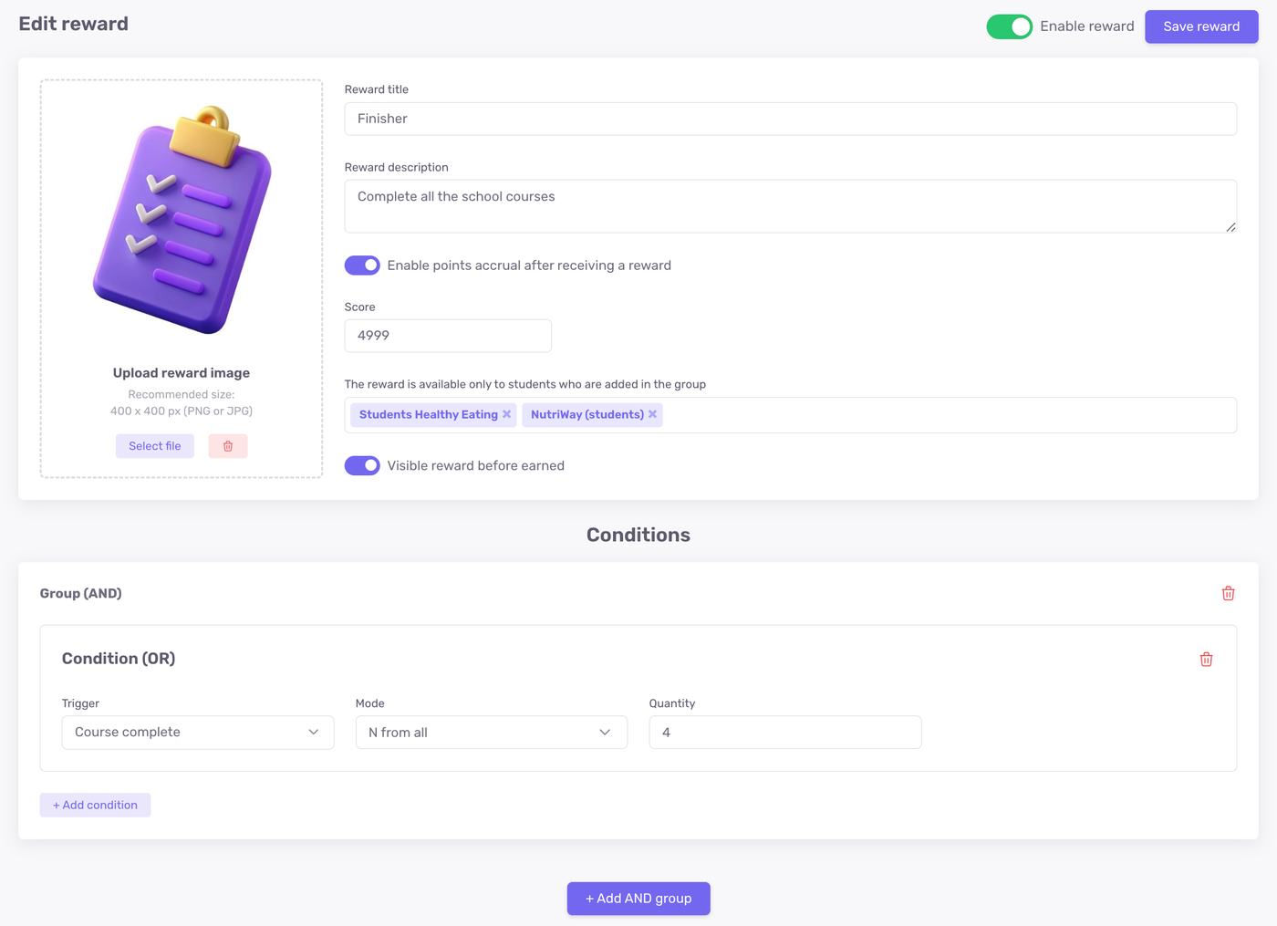 Reward scenario builder in Softbook with a custom badge image and course conditions