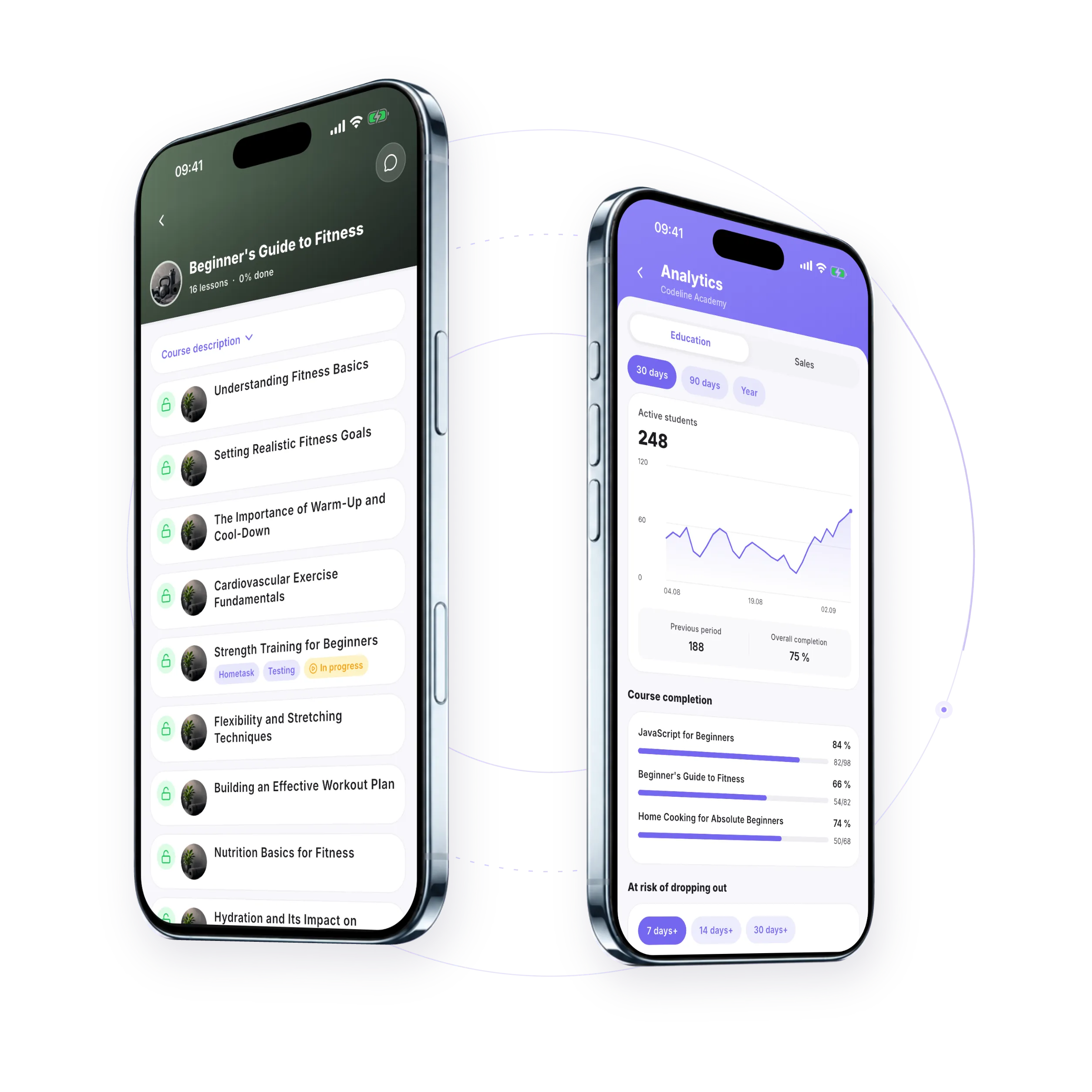 Softbook app on two iPhones: a course lesson list and the school's learning analytics
