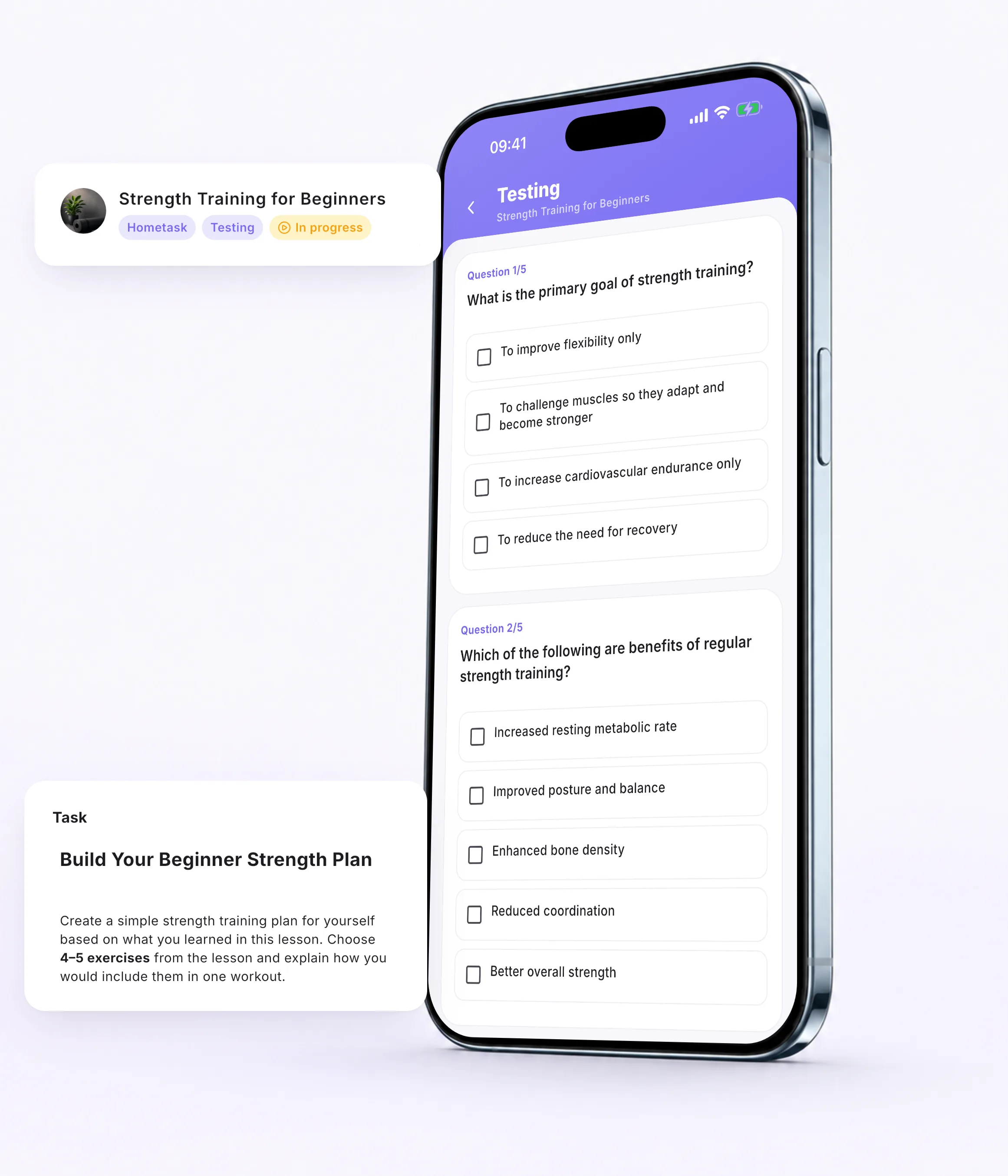 A test in the Softbook app on an iPhone, next to lesson and assignment cards