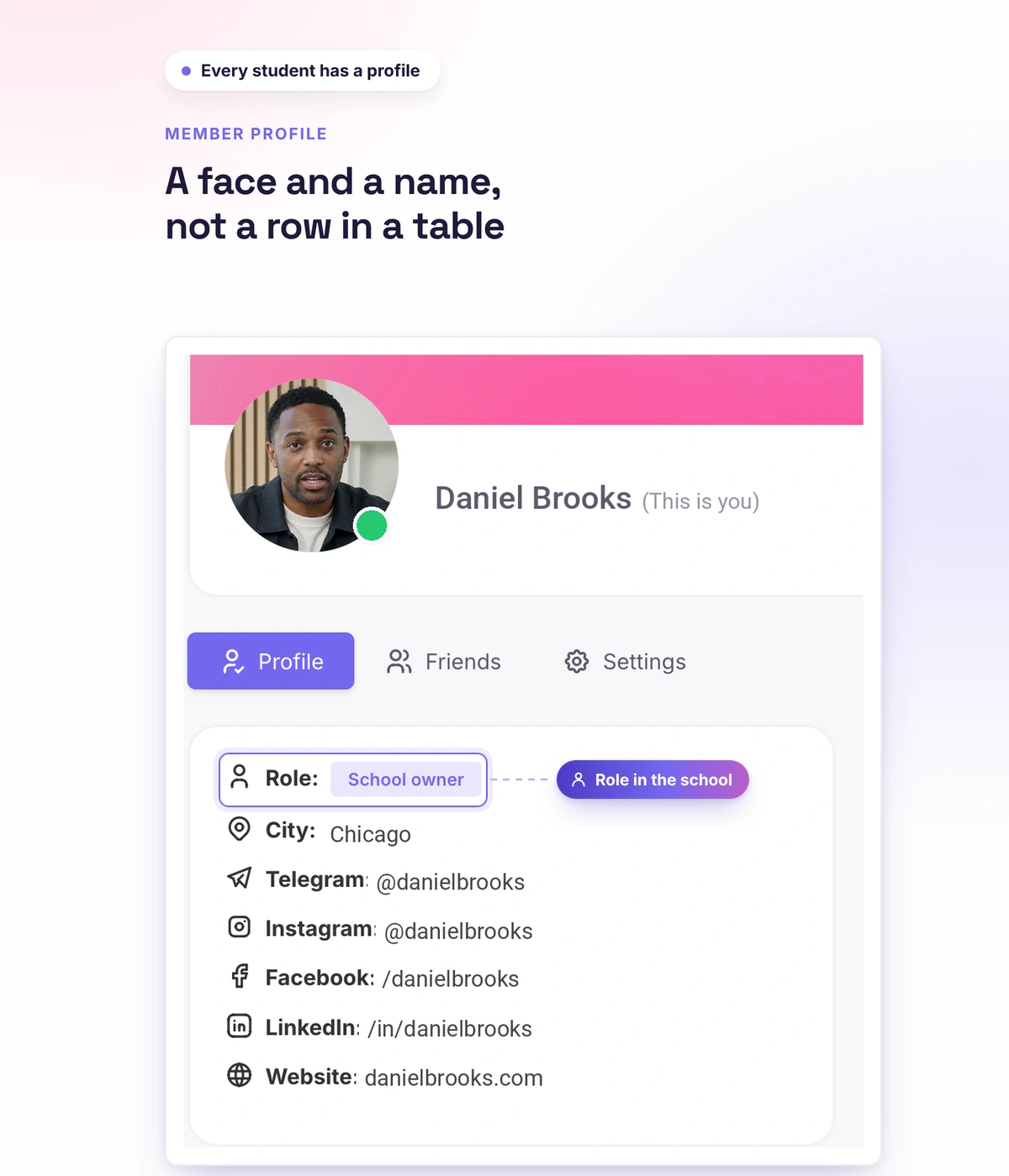 Feed and student profile in Softbook