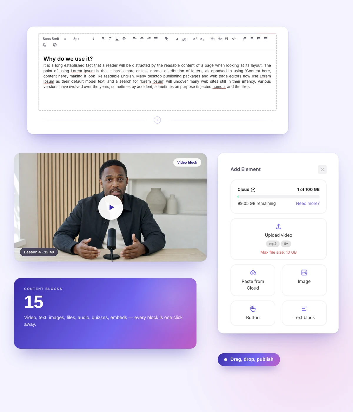 Softbook lesson editor: video, text, and blocks
