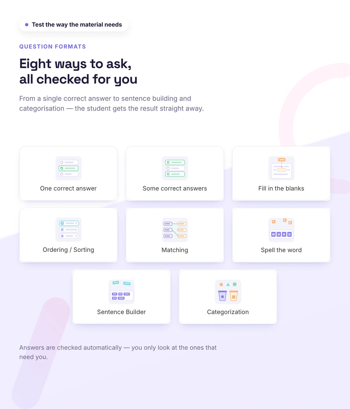 Test question formats in Softbook