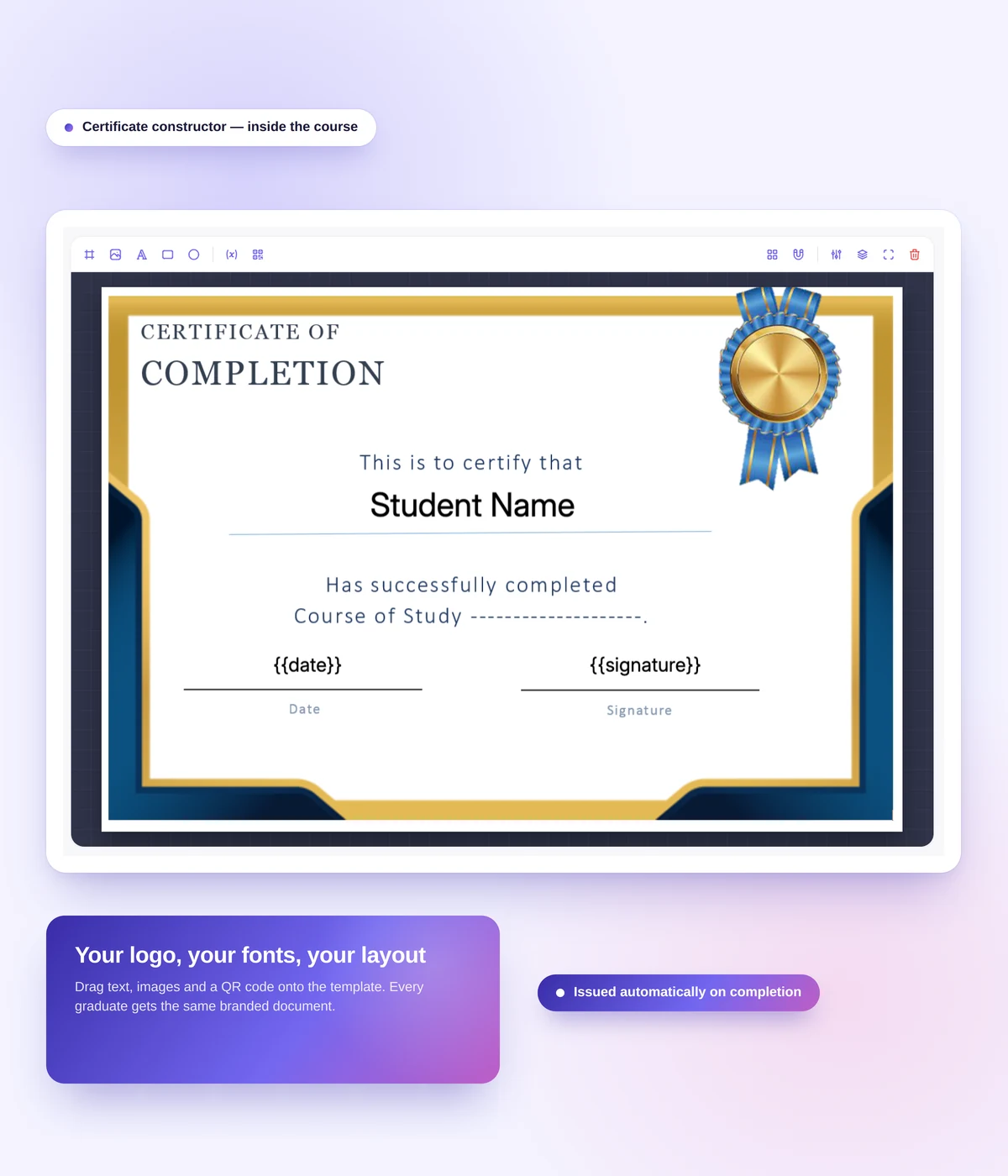 Certificate builder with a school logo in Softbook