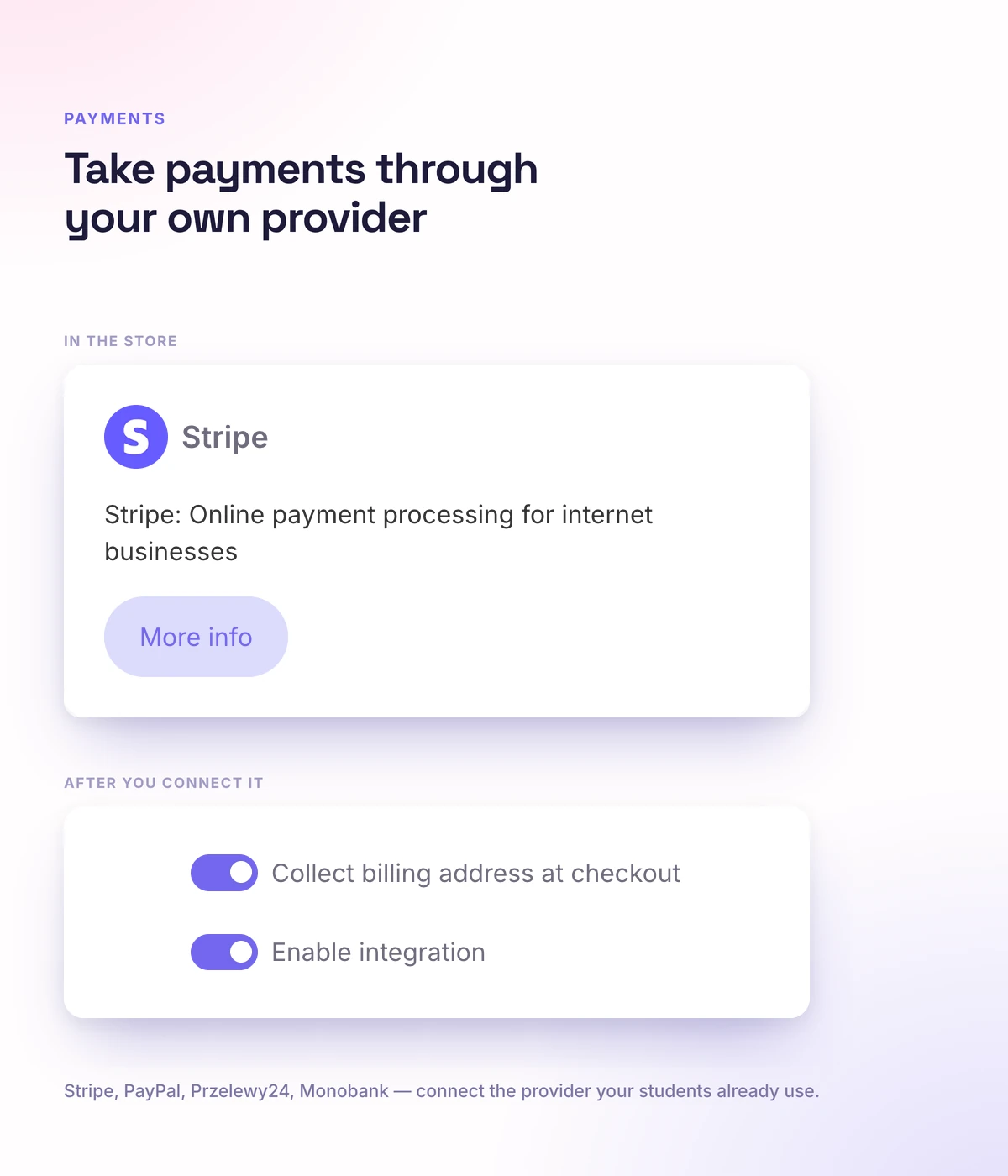 Payment providers for an online school in the Softbook Store