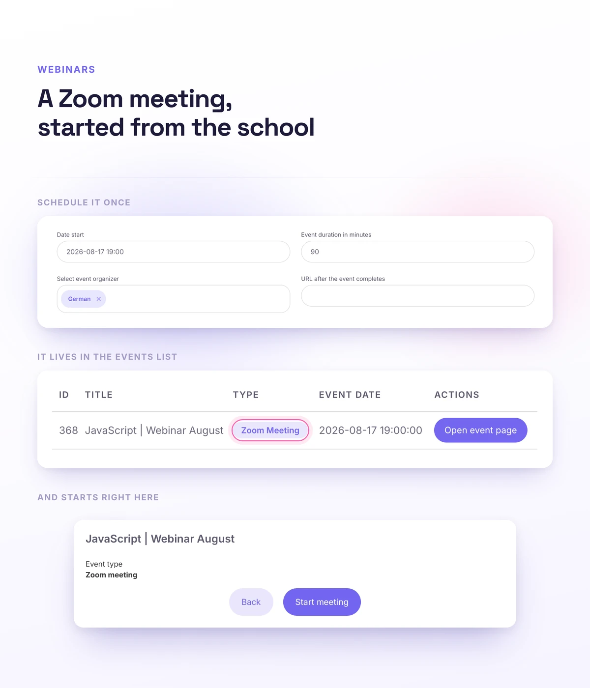 A Zoom webinar on an online school page in Softbook