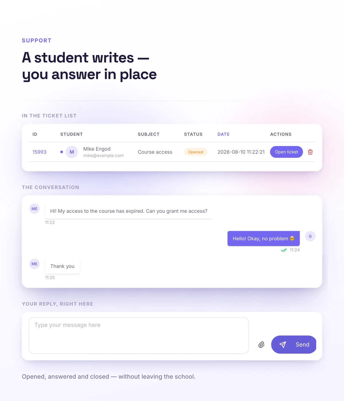 A student support request in Softbook