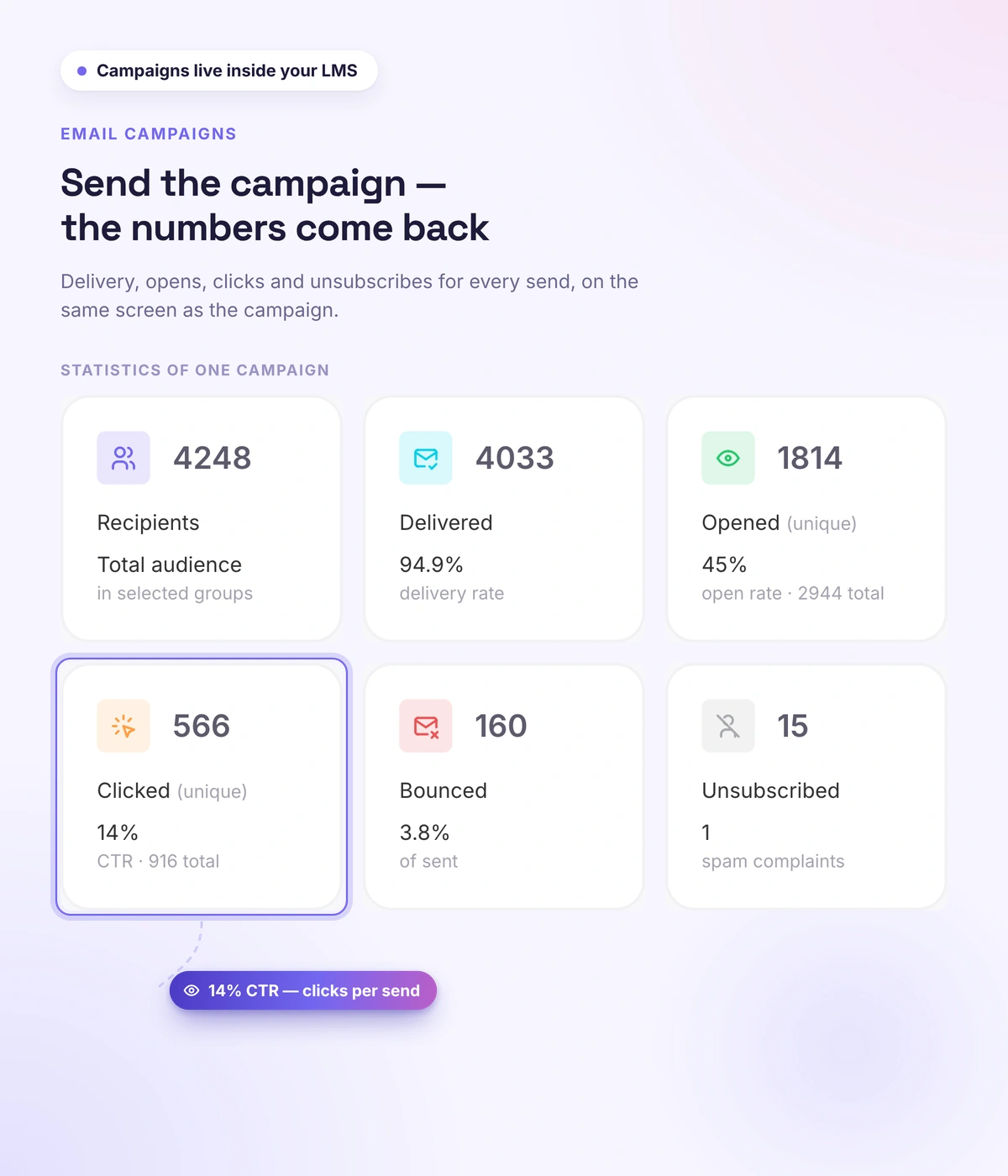 Email campaign editor and statistics in Softbook