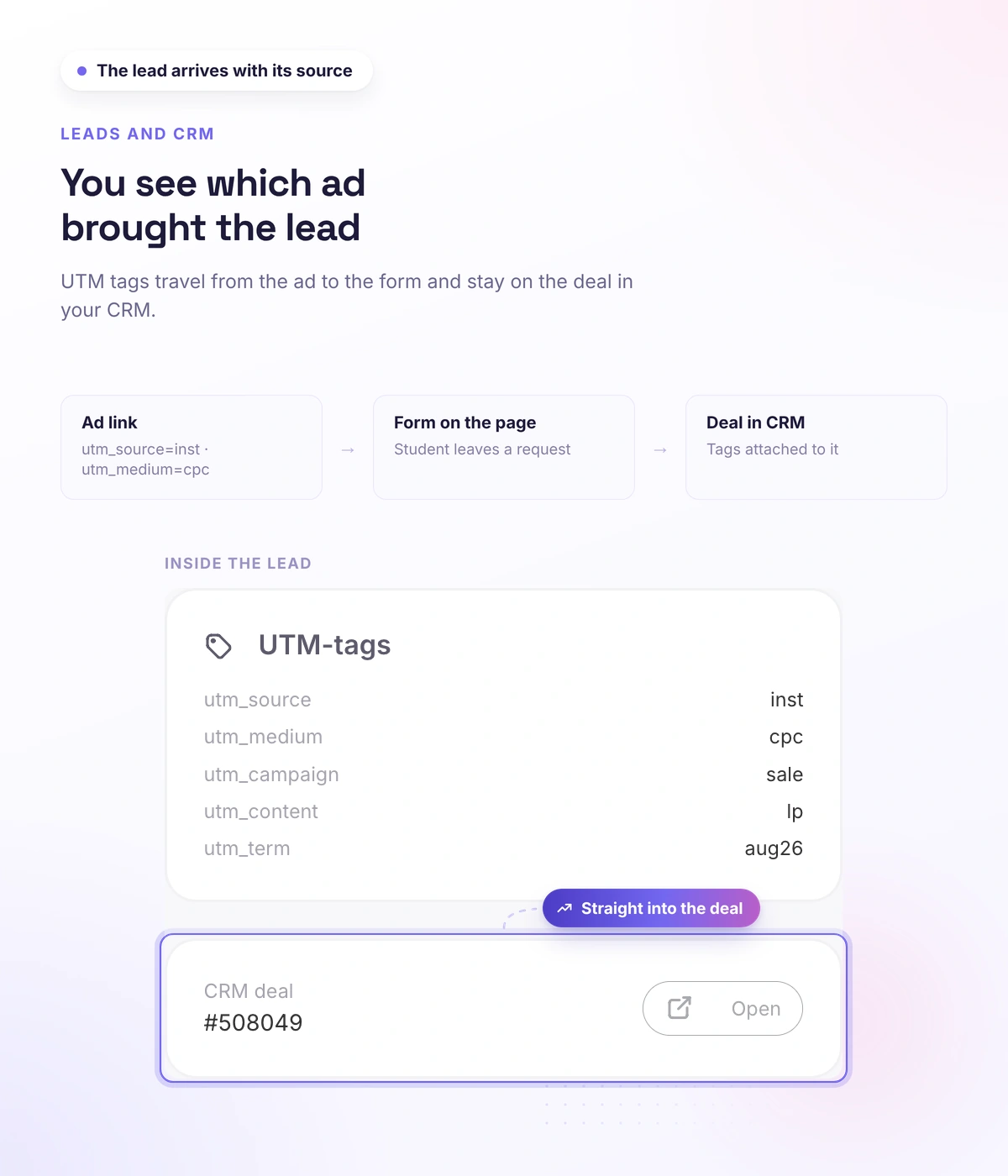 A lead with a UTM tag in the Softbook CRM
