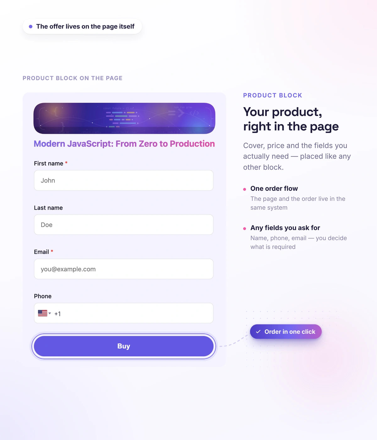 Product form with payment inside a Softbook landing page