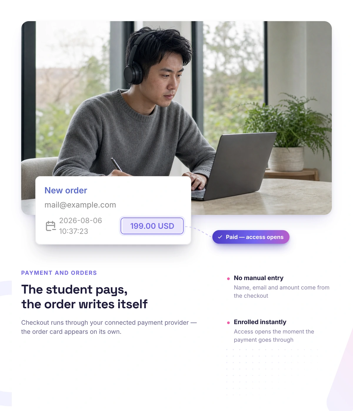 Payment collection and automatic course access in Softbook