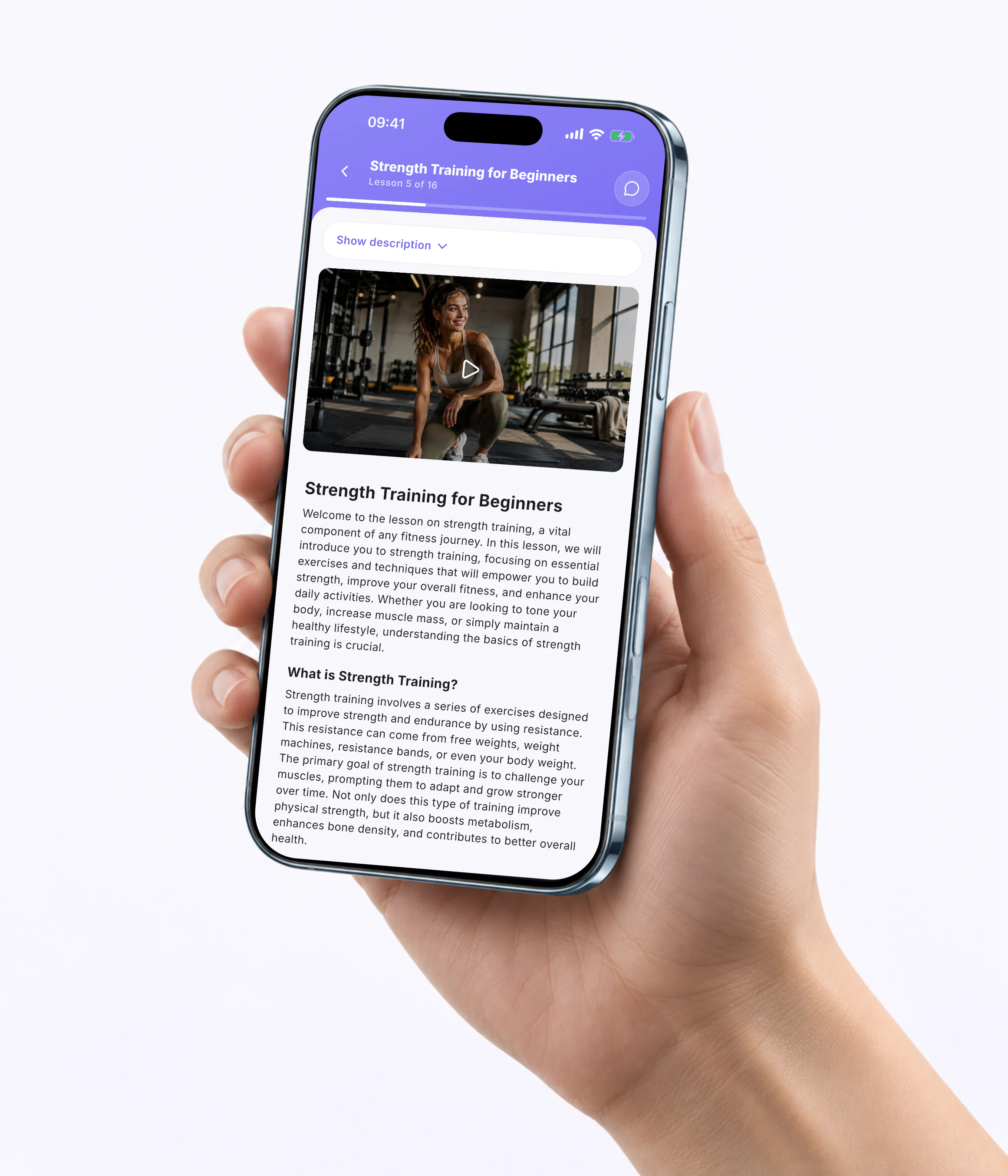 Softbook app on an iPhone held in a hand: a course lesson with video and text