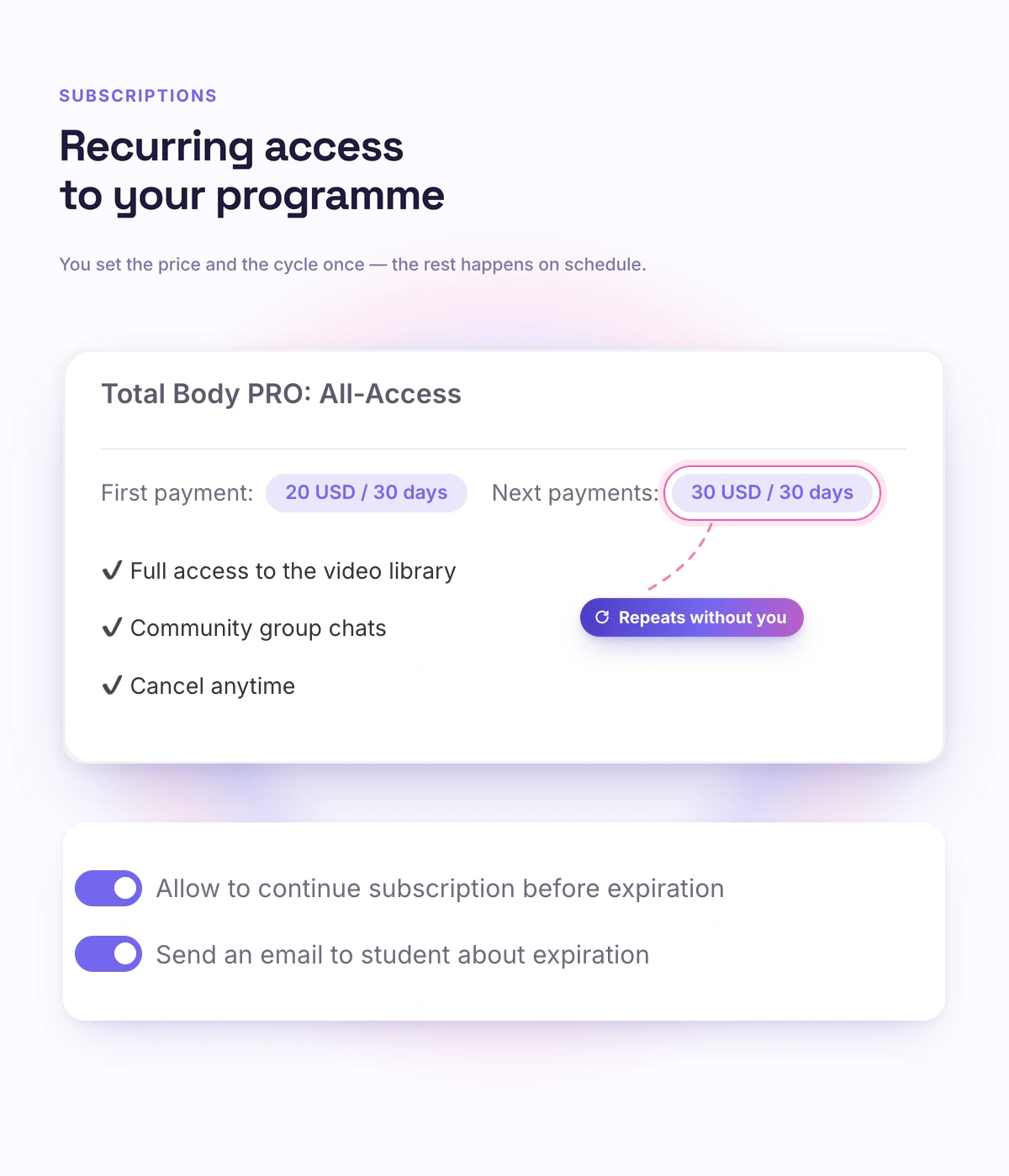 Subscription payment for workouts in Softbook