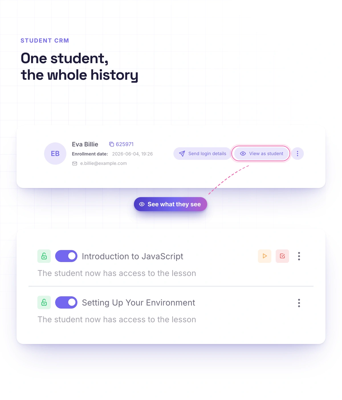 CRM deal kanban and a student card in Softbook