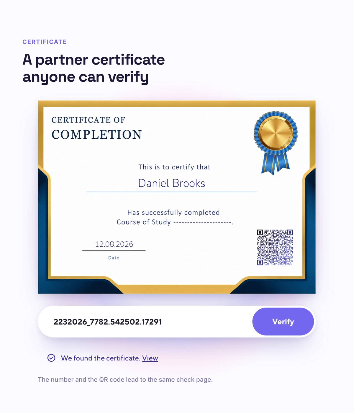 A partner certificate with QR verification in Softbook